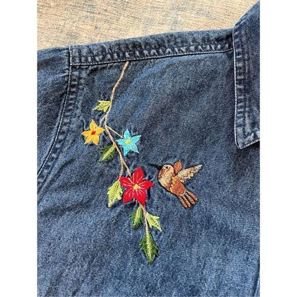 New Direction Floral Bird Birdhouse Button Front Denim Short Sleeve Tee Large - Picture 5 of 7